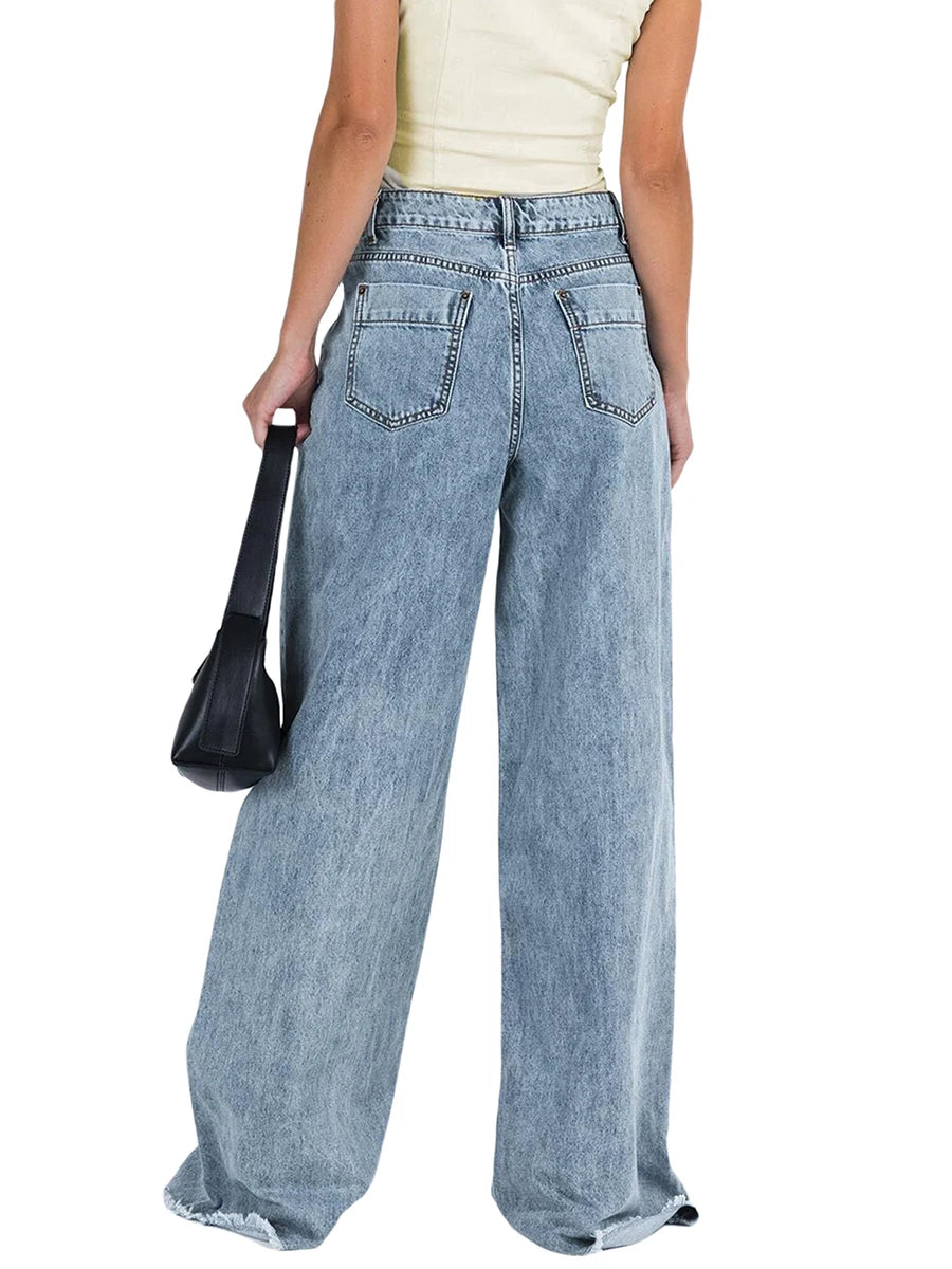 Women Wide Leg Jeans Trousers Solid Color
