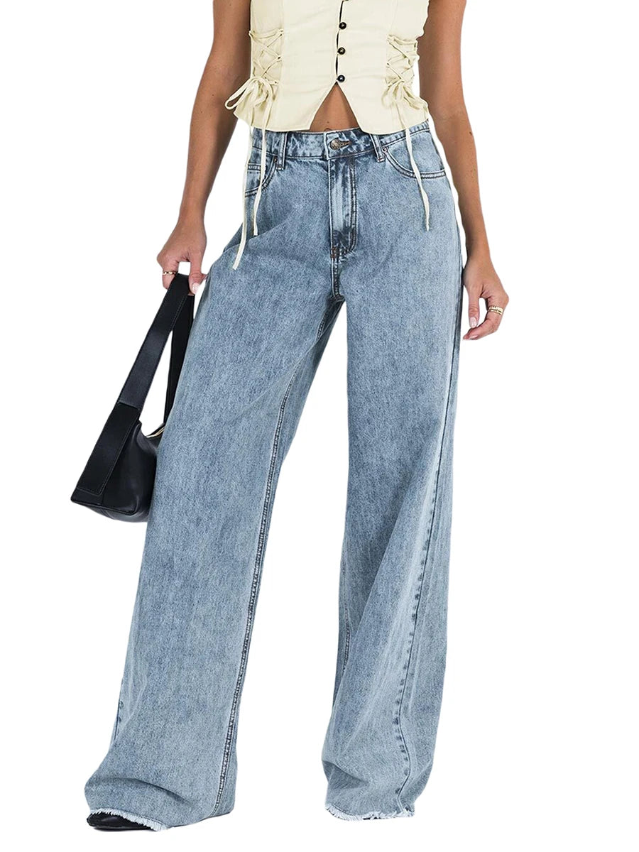 Women Wide Leg Jeans Trousers Solid Color