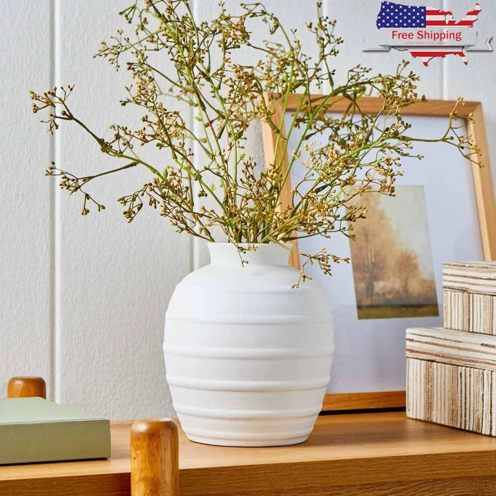 Textured Ribbed Ceramic Flower Vase 8 Inch